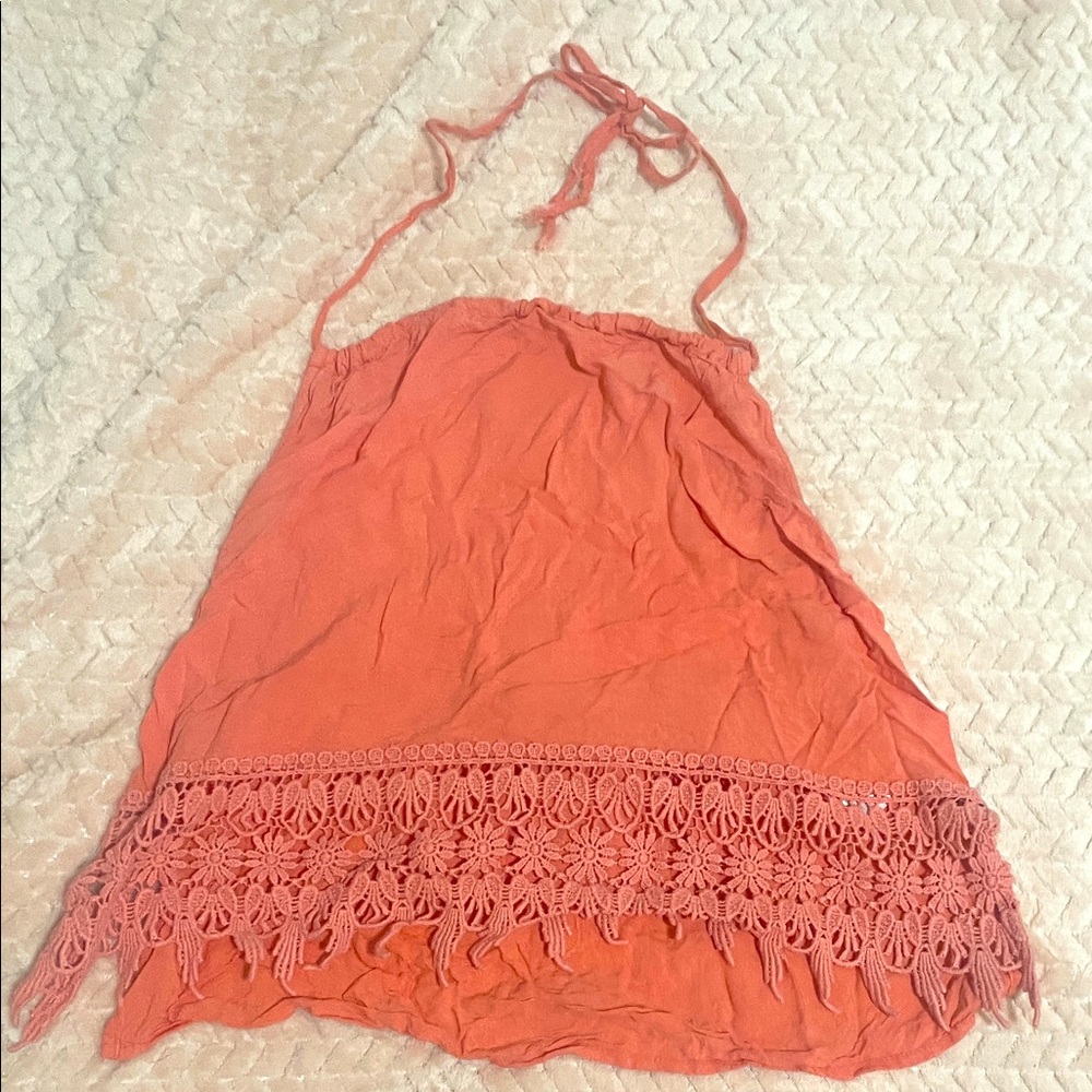 Coral Halter Top with Lace Trim